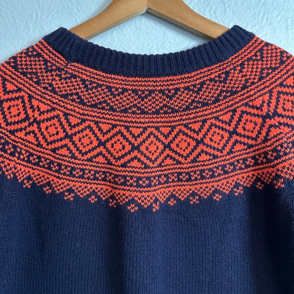 J Crew Women Fair Isle Sweater Merino Wool Blend Ruffle Sleeve Navy Orange Large - Picture 3 of 10